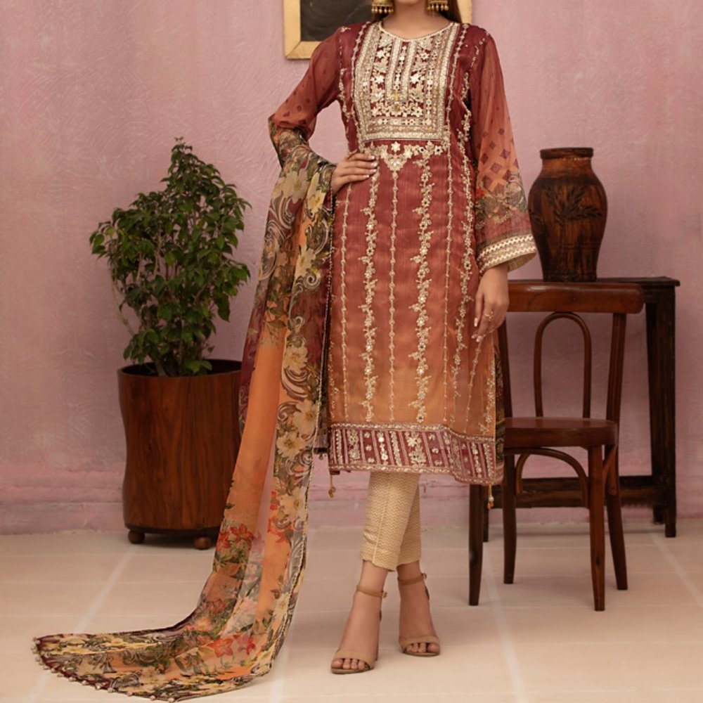 Pakistani Branded Fancy Embroidered Shaded Masuri 3-Piece Shalwar Kameez Orange